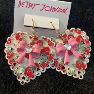 Betsey Johnson White Lace Heart with Strawberries and Flowers Dangling Earrings